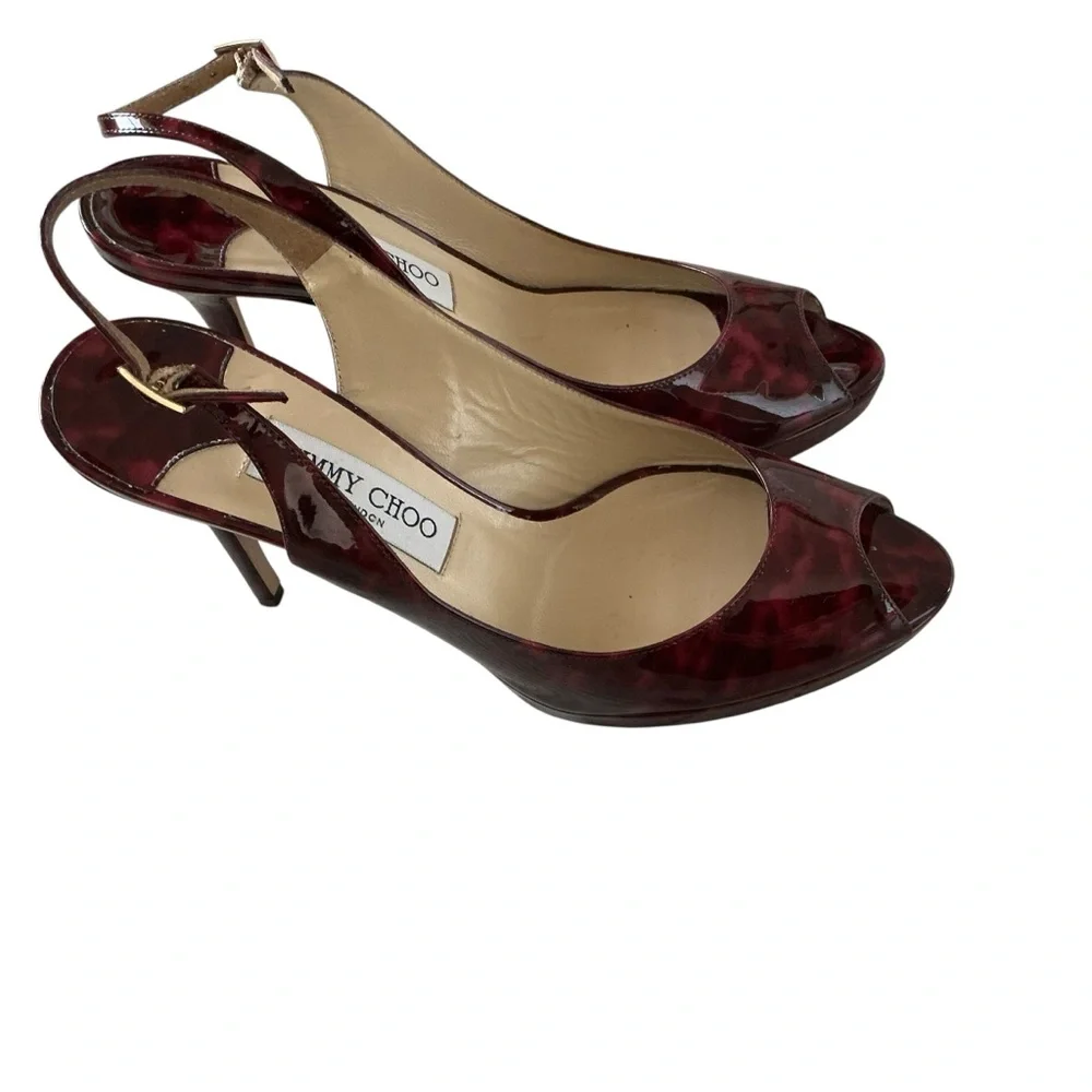 Jimmy Choo patent peep toe slingback platform heel shoes plum tortoiseshell 40